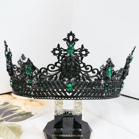 Dark Lord Headpiece, Monarch Crown, Renaissance Crown, Black Crown, Green Stone